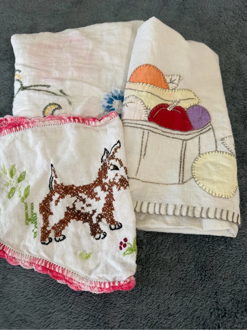 Vintage lot of 3 Hand-Embroidered doily, hand towel and round tablecloth